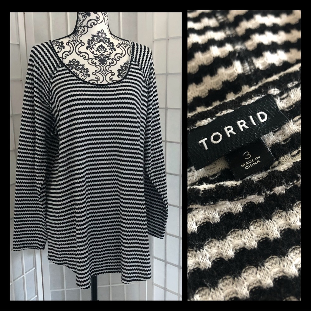 Torrid Black + White Stripes Long Sleeve Waffle Knit Raglan Top 3X